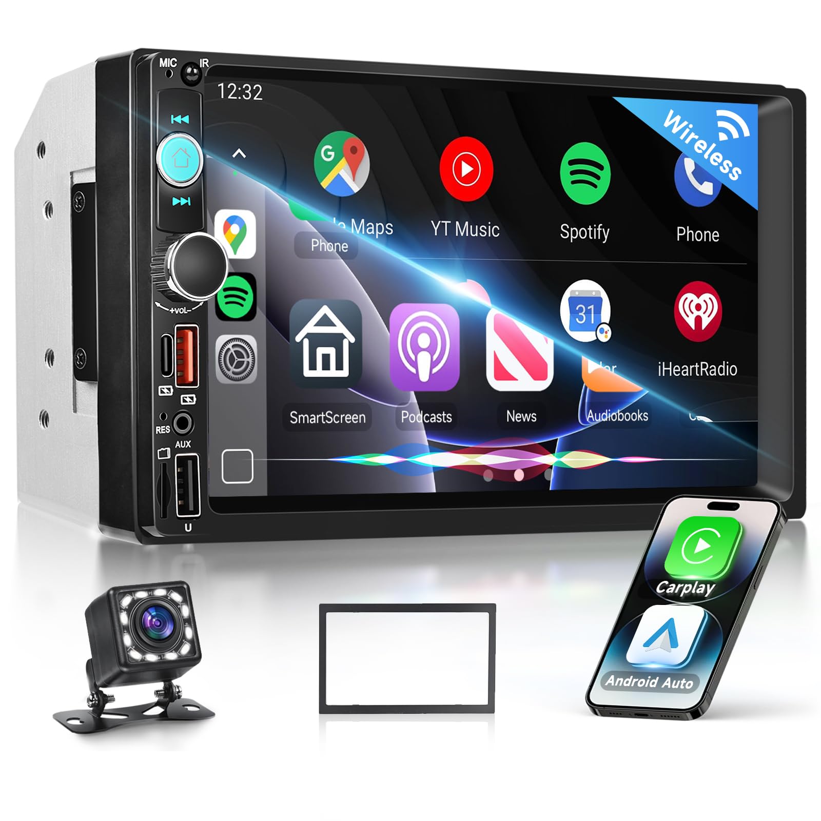VECHTEL 7" Radio Coche 2 DIN con Carplay inalámbrico Android Auto,Radio FM Bluetooth,Siri Control por Voz,2 USB/SD/AUX,vídeo Online,Mirror Link,cámara de visión Trasera y Control en el Volante