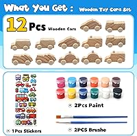 Vista 2 de Autos de madera para pintar para jóvenes, vienen con 12 autos de madera para 12 piezas de pigmentos de color y 1 calcomanía de estilo de automóvil