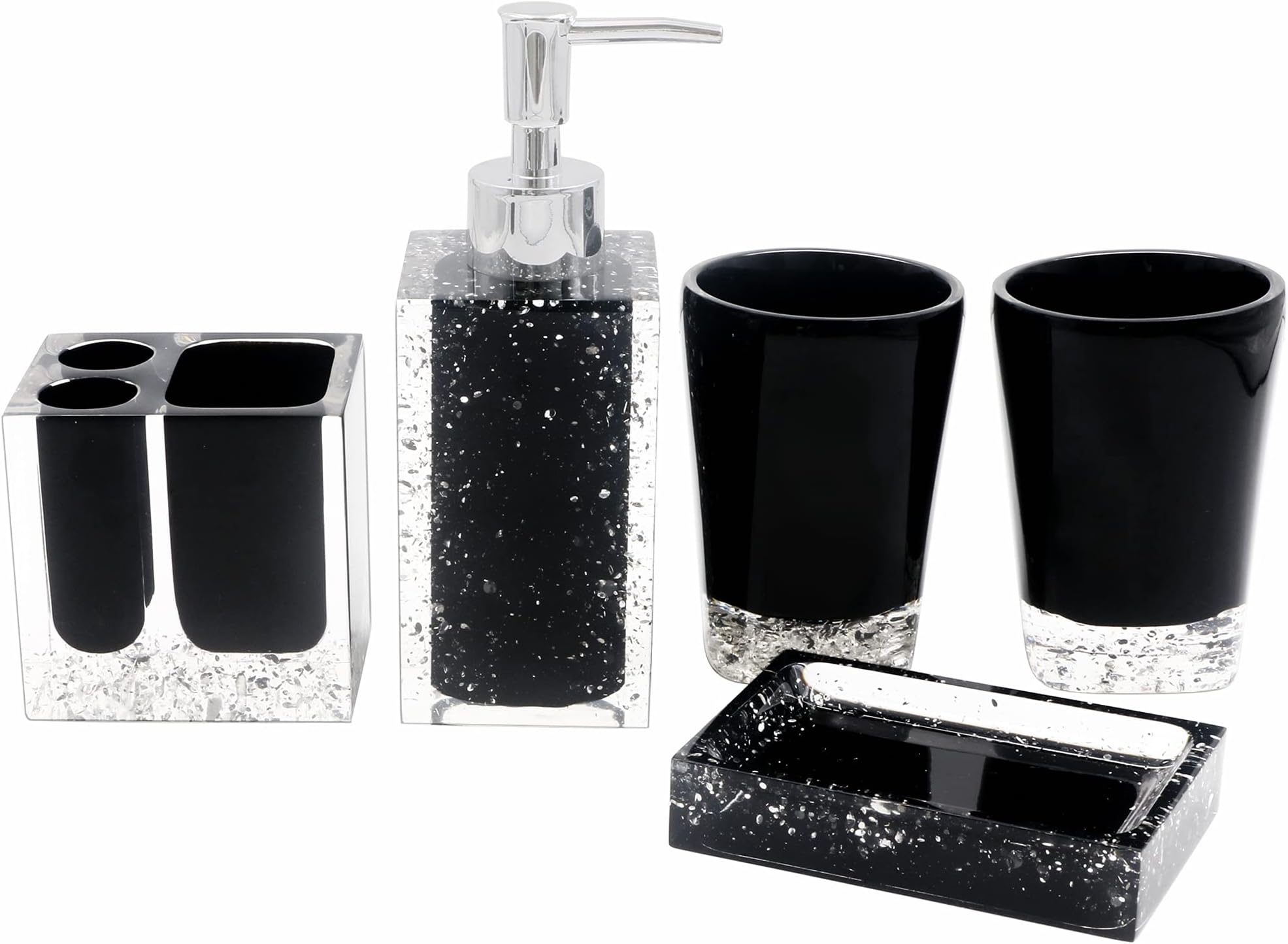 Resin Soap Dish, Soap Dispenser, Toothbrush Holder & Tumbler Bathroom Accessory 5 Piece Set (Black)