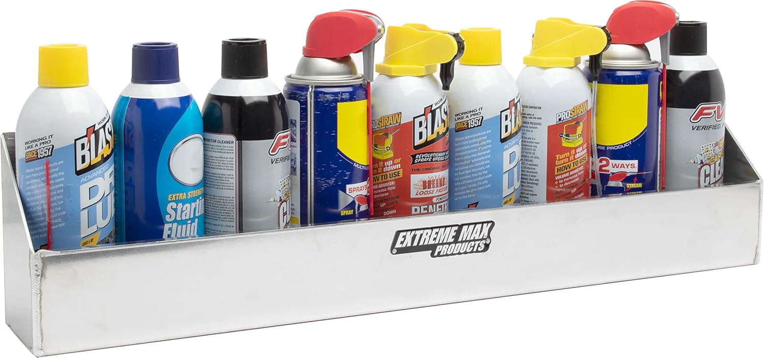 Extreme Max 5001.6194 Wall-Mount Aluminum Aerosol Storage Shelf for Enclosed Trailer Shop Garage Storage - 8-Can Capacity, Silver
