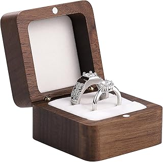 Etercycle Engagement Ring Box, Handmade Wooden Square Wedding Jewelry Box, Small Wood Ring Bearer Box Double Slot Ring Case for Proposal Ceremony Anniversary(Double White)
