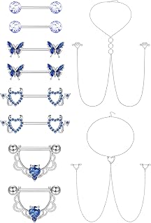 14G Stainless Steel Nipple Rings for Women CZ Butterfly Heart Nipple Rings with Choker Necklace Nipple Barbell Body Piercing Jewelry