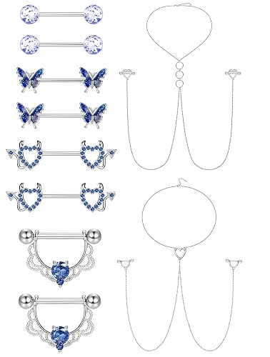 JOERICA 14G Stainless Steel Nipple Rings for Women CZ Butterfly Heart Nipple Rings with Choker Necklace Nipple Barbell Body Piercing Jewelry - Blue