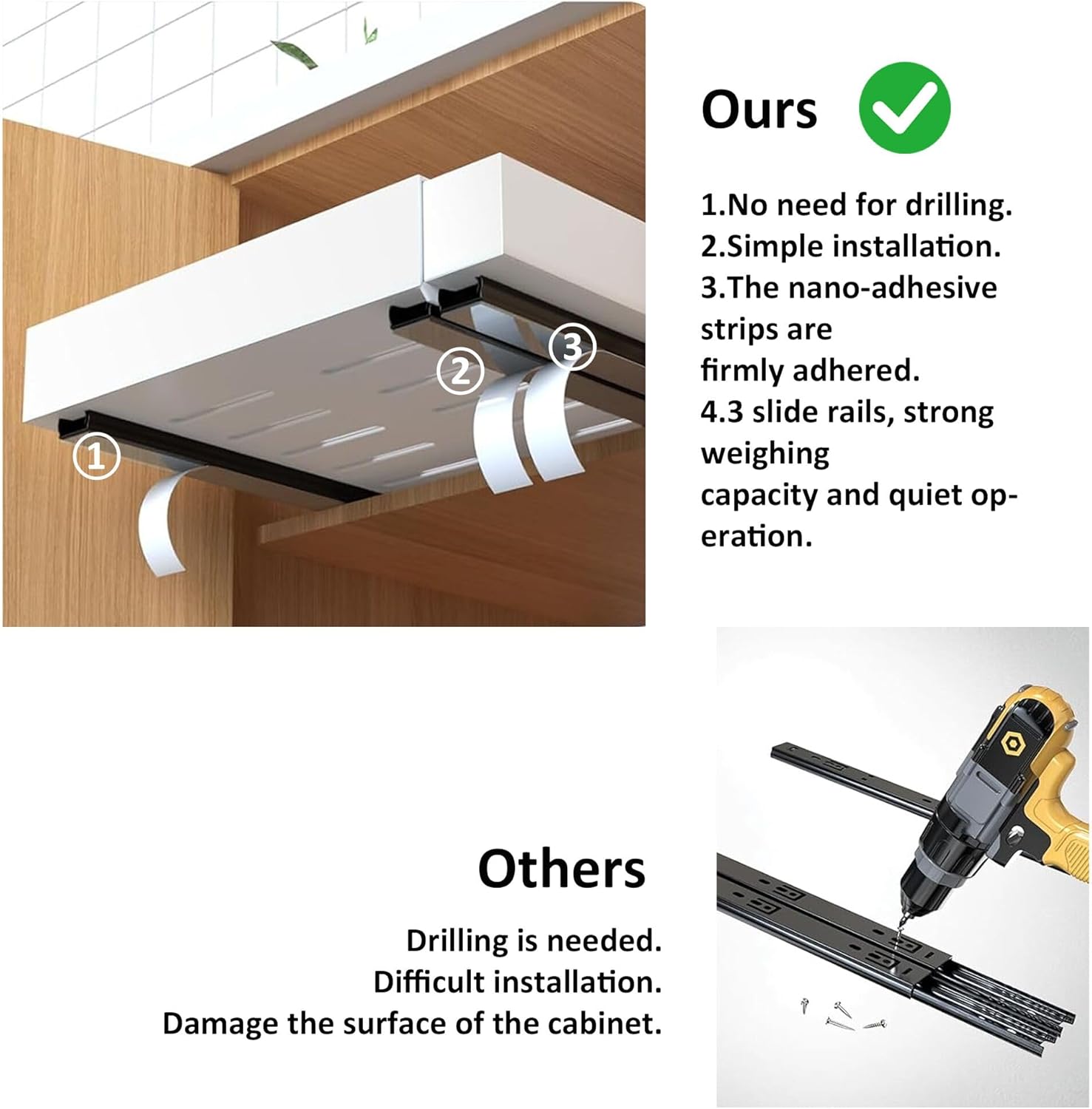 Pull Out Drawers for Cabinets, 1 Pack 21" Deep Expandable Slide Out Drawer for Kitchen Cabinets Adhesive Pantry Pullout Shelves Load-Bearing Upgrade 3 Slide Rails White