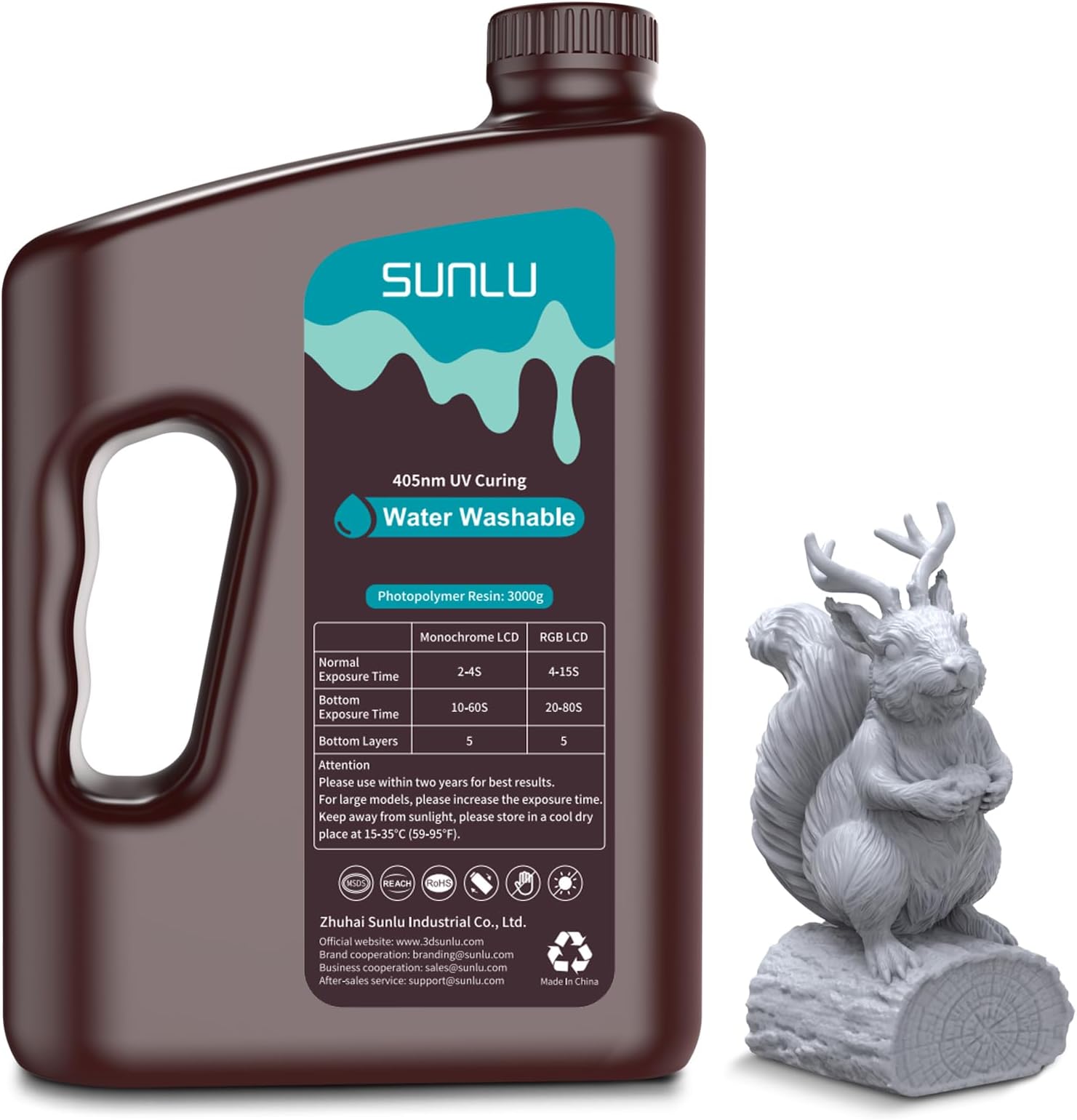 SUNLU 3kg Water Washable 3D Printer Resin, Fast Curing Low Shrinkage, High Precision Photopolymer Resin for LCD/DLP/SLA Printers,395 to 405nm UV Resin, 3000g Grey