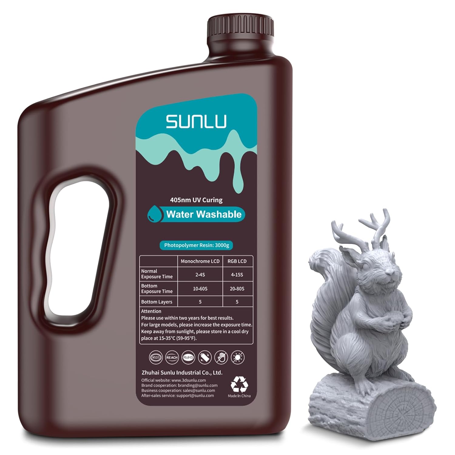 SUNLU Water Washable 3D Printer Resin 3kg, Large Bottle Water Washable Resin for Most Resin 3D Printers, 395 to 405nm UV Curing 3D Printing Liquid Photopolymer Resin, 3000g, Grey
