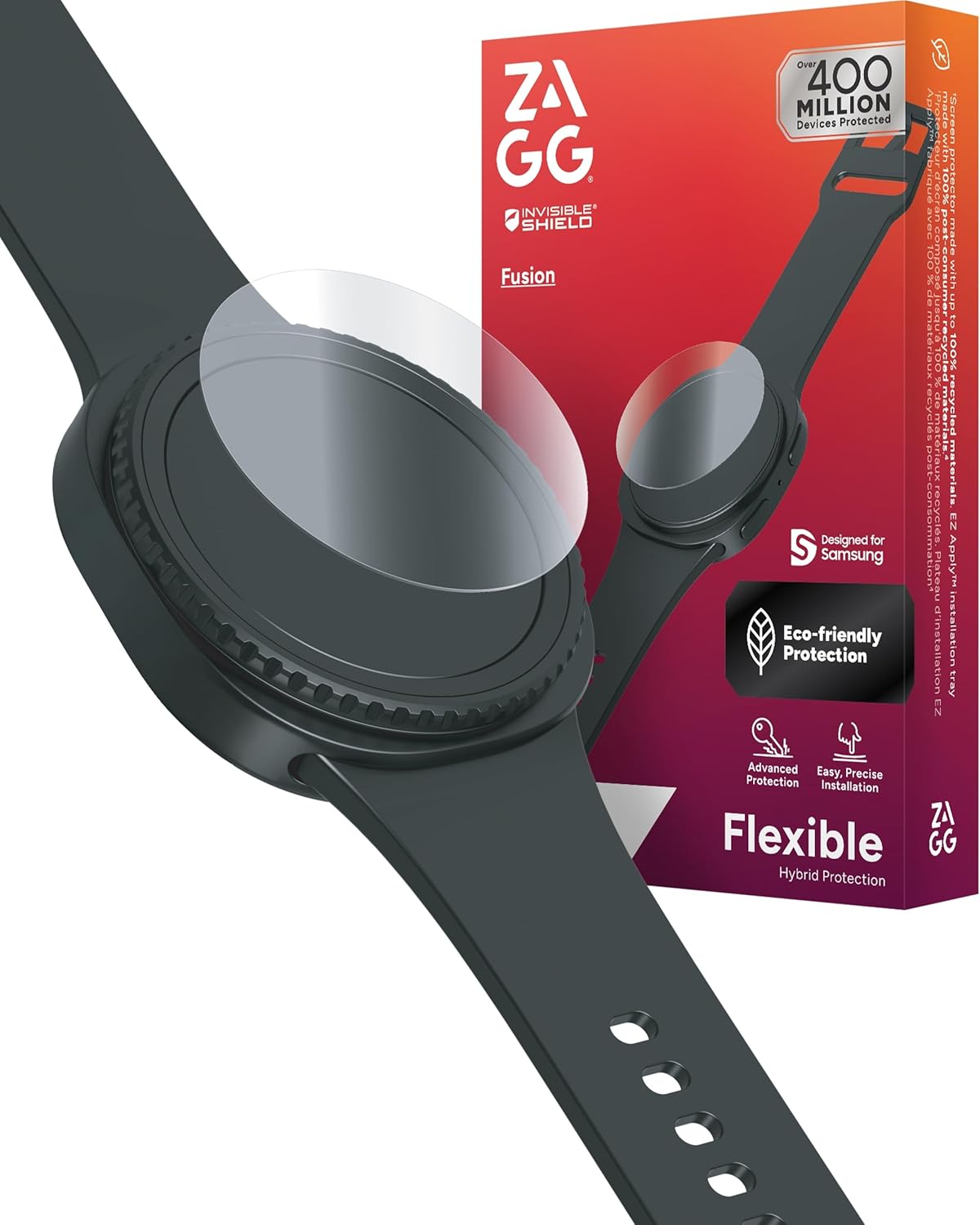 ZAGG Fusion Samsung Galaxy Watch8 Classic Screen Protector – Unbreakable Flexible Polymer Hybrid, HD Clarity, Smooth Glass Feel, InvisibleShield, Easy Install, Recycled Materials