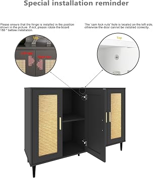 Sideboards and Buffets with Storage,Entryway Storage Cabinet,4 Doors Living Room Kitchen Storage Cabinet,Console Table Cabinet with Rattan Decorated Doors,Black