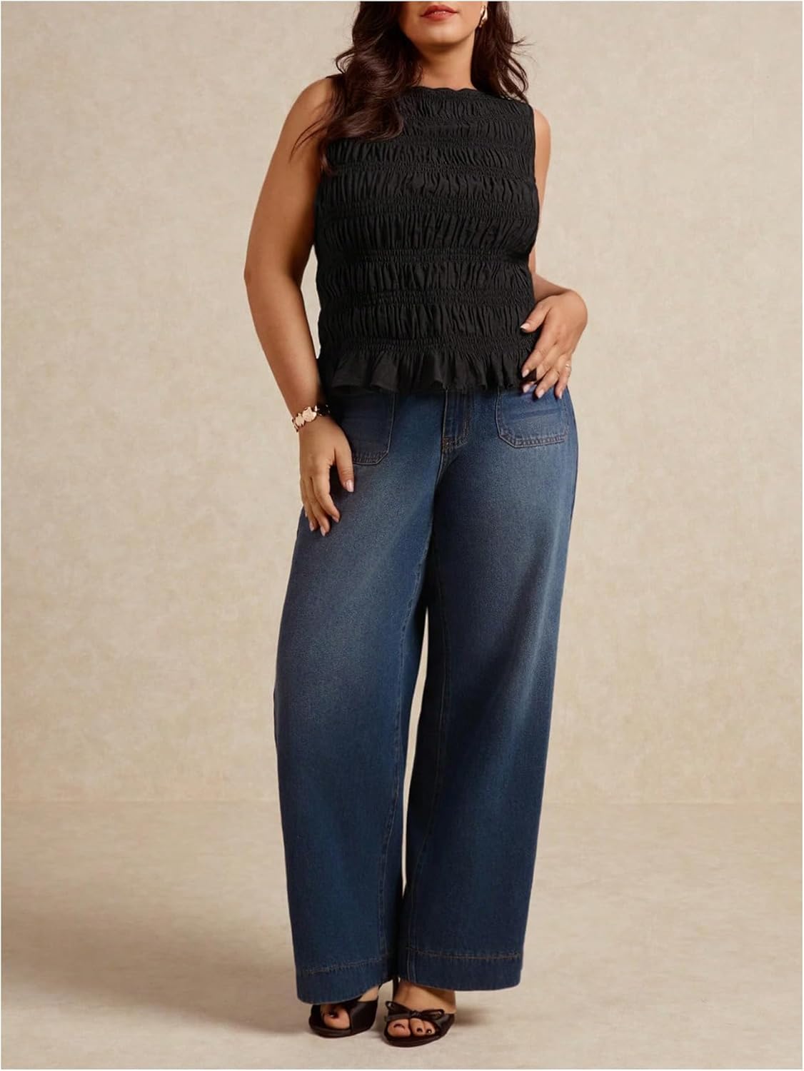 SweatyRocks Women's Plus Size Smocked Ruffle Tank Top Summer Sleeveless Slim Fit Shirred Tops - Image 5