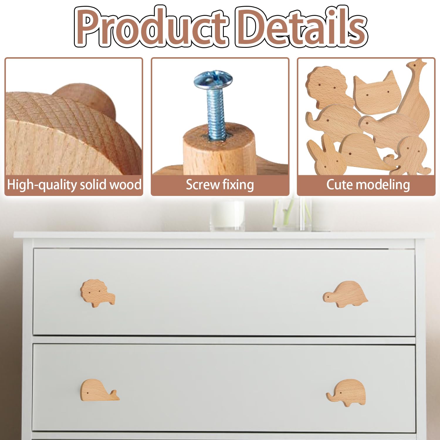 Boutons en bois pour armoire, Lot de 8 Poignées de Meuble en Bois Animals, Poignées animales pour meubles d'enfant, Boutons de meubles en bois, Bouton Meuble Enfant, Convient pour maison cuisine