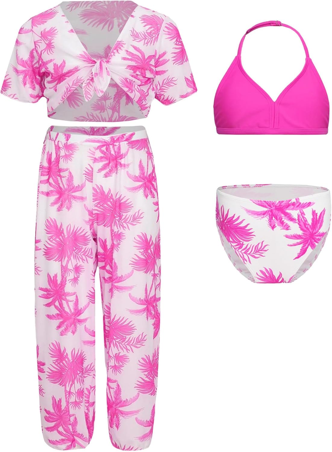 Kaerm 4Pcs Girls Cover Up Outfit Beach Bathing Suit Halter Tankini with Top Pants Swimsuit Bikini UPF50+