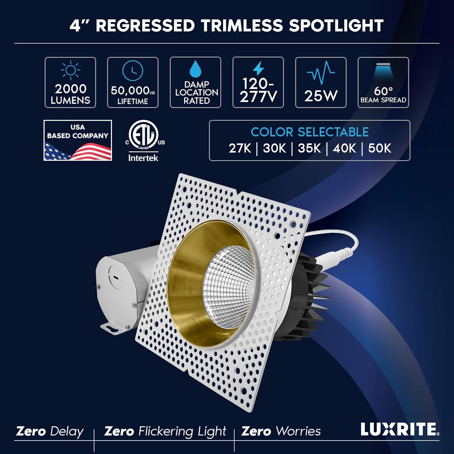 LUXRITE 4-Inch LED Trimless Recessed Spotlight with Brass Reflector Trim Replacement 25W, 2000LM, 2700K-5000K, 60° Beam Angle, Dimmable, Push-n-Lock, CRI90, Damp & IC Rated, ETL White + Brass