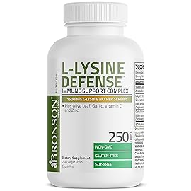 Bronson L-Lysine Defense Immune Support Complex 1500 MG L-Lysine Plus Olive Leaf, Garlic, Vitamin C and Zinc - Non-GMO, 250 Vegetarian Capsules