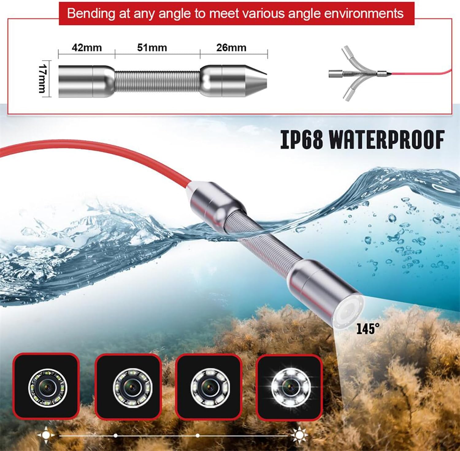 Pipe Endoscope, 50M Water Channel Unblocking Detector with 17mm Stainless Steel Probe, 8 LED Brightness Adjustable, Used for Ventilation Inspection, Sewer Inspection, Pipeline Maintenance