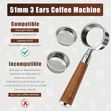 51mm Bottomless Portafilter 3 Ears, Compatible with Delonghi EC680/EC685