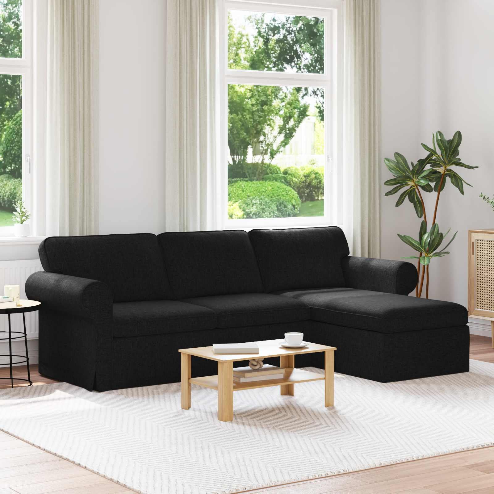 Nowoczesna sofa narożna, czarna, 245 x 138 cm, materiał z funkcją spania i funkcją relaksu, do salonu, sypialni, lounge, skandynawski design, trwała, wygodna, zdejmowana poszewka