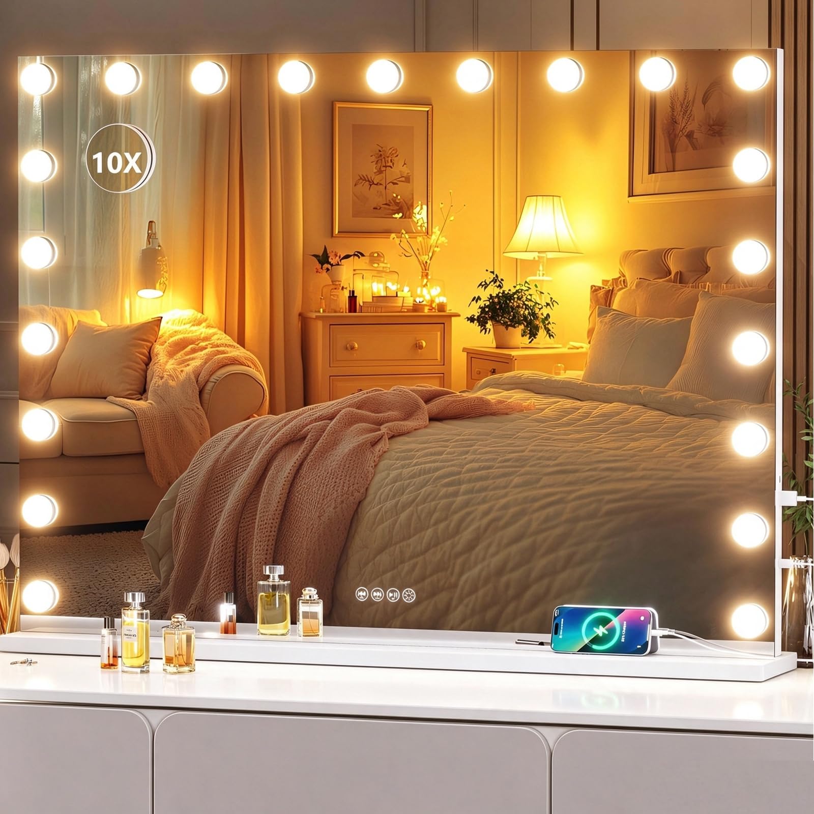 Hollywood Kosmetikspiegel mit licht, Schminkspiegel mit Bluetooth 100x73 cm | LED Make-Up-Spiegel, 3 Farbmodi und Touchscreen-Steuerung, Dimmbar