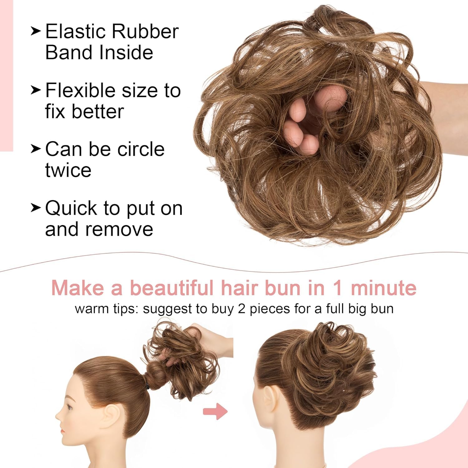 SEGO Human Hair Messy Bun Hair Scrunchies Curly Wavy Hair Piece Real Remy Donuts Updo Chignon For Women Girls,#4P27 Medium Brown&Dark Blonde - Image 4