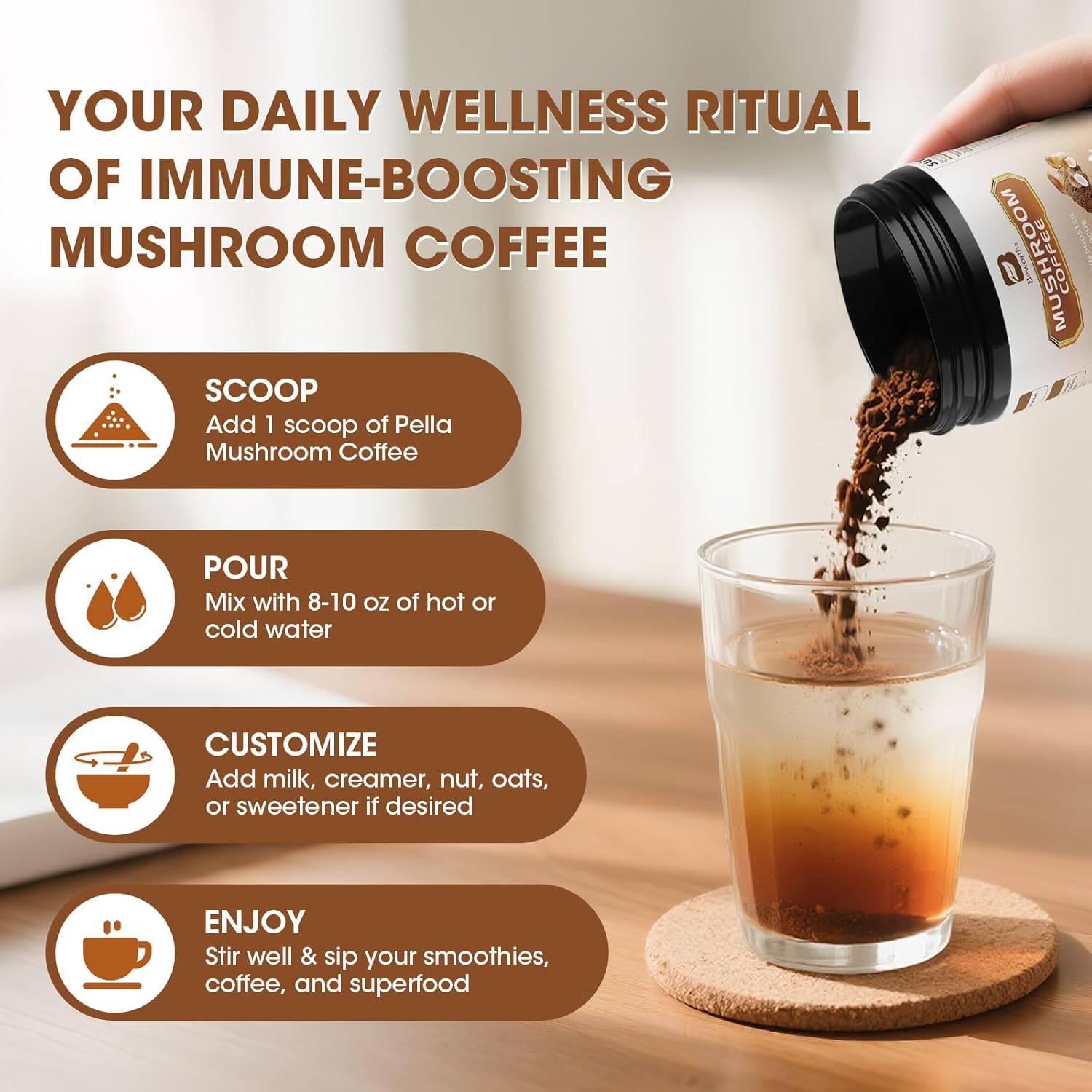 Mushroom Coffee Powder with MCT Oil - 10 Mushrooms Lion's Mane, Turkey Tail, Reishi, Cordyceps & Chaga - Arabica Instant Mushroom Coffee for Focus, Immune, Gut & Brain Health | Vegan, Keto - Image 5