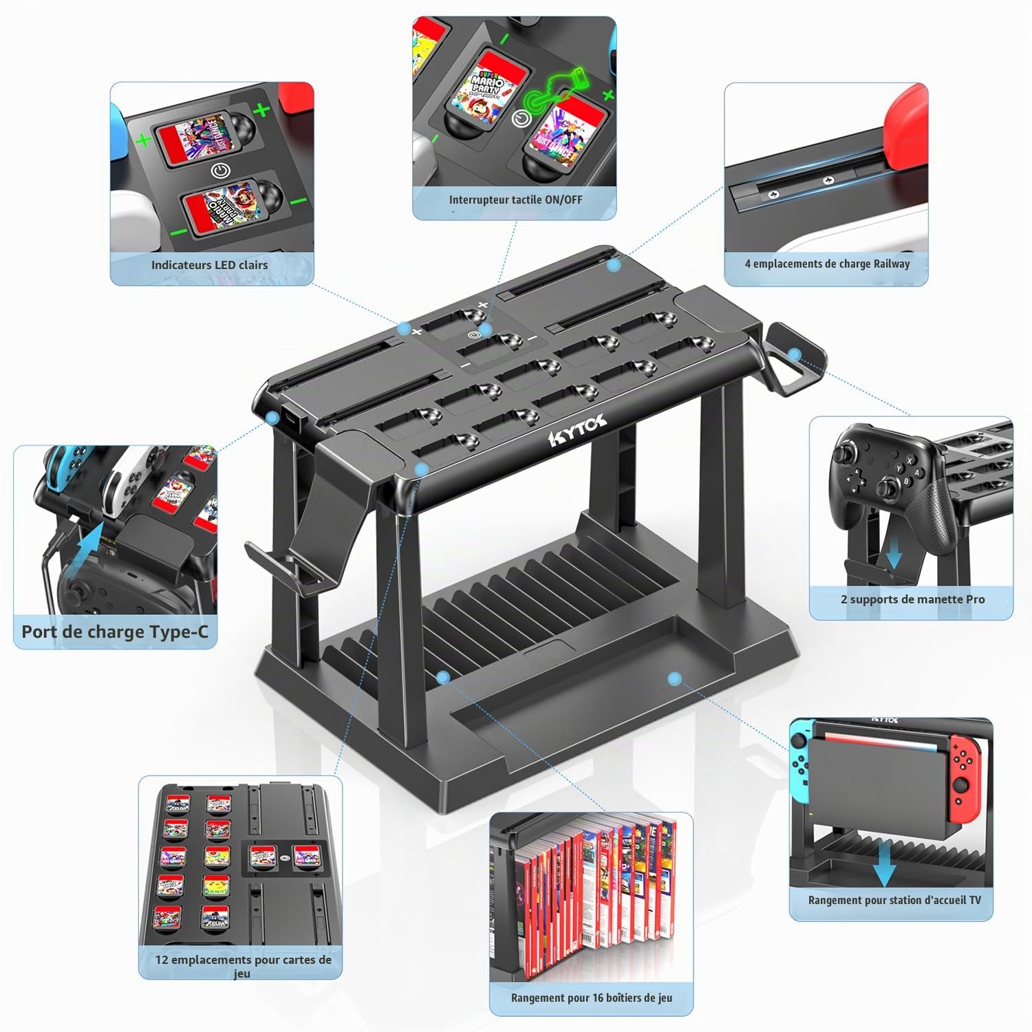 Kytok Support Tour de Rangement pour Nintendo Switch/OLED, Chargeur Manette Switch & Support Manette SW/OLED, Multifonctionnelle Tour Stockage Accessoires Jeux S Witch avec Chargeur Joycon S-Witch