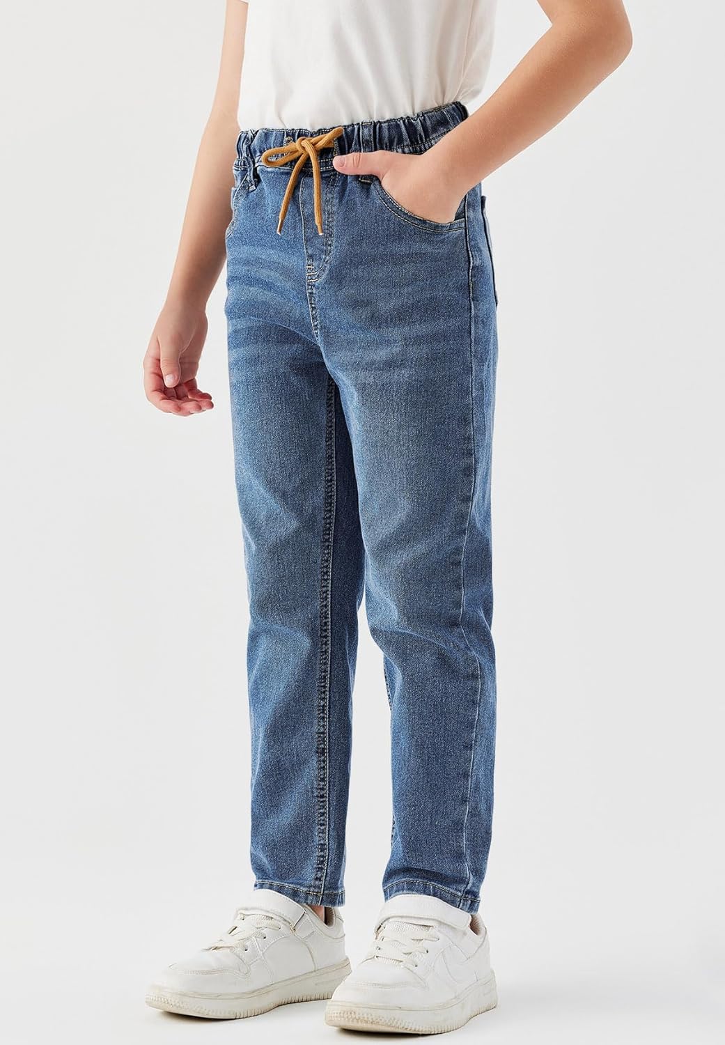 Haloumoning Boys Jeans Kids Elastic Waist Straight Leg Denim Pants with Drawstring 4-14 Years - Image 2