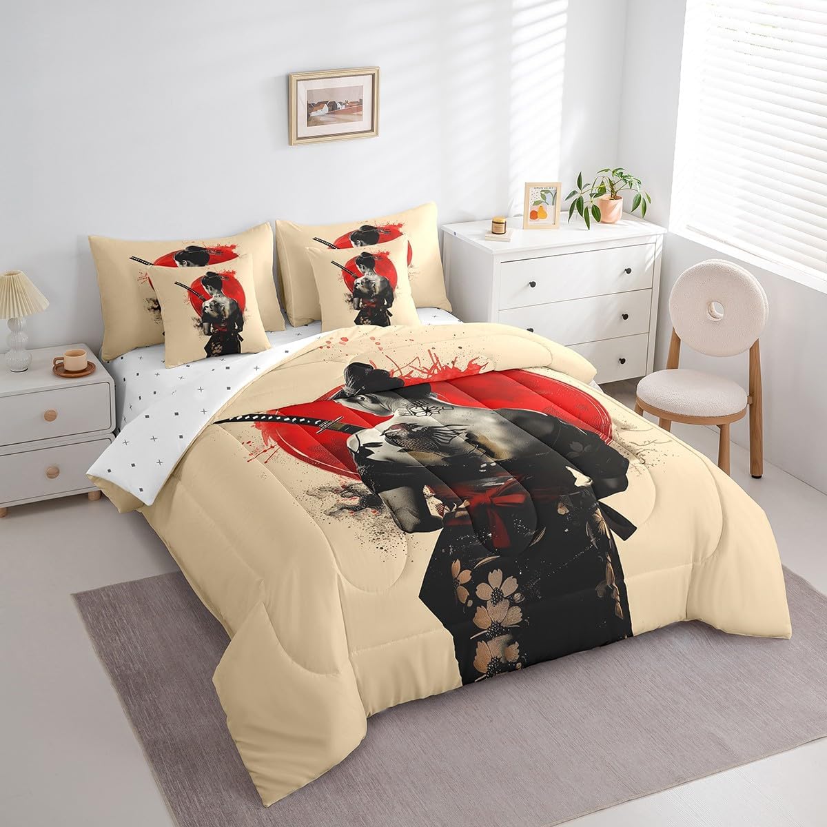Feelyou Kids Japanese Geishas Comforter Set Queen Size 7 Pieces Red Sunset Bedding Set Japanese Style Japanese Tradition Aesthetic Bed in a Bag with Comforter, Sheets, Pillowcases & Cushion Cover