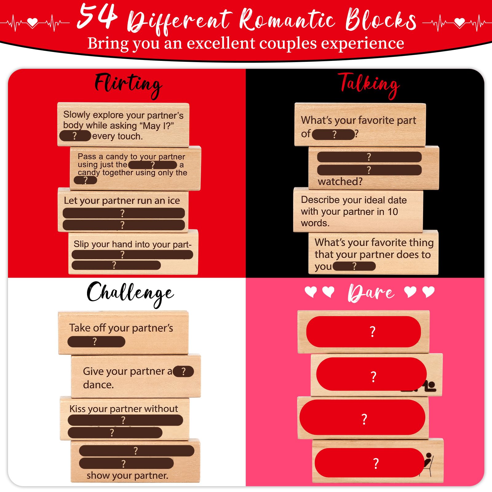 Qingspirits Super Fun Couples Tumble Tower Game for Grown Ups, 54pcs Exciting Date Night Stacking Wooden Blocks Talking Challenge Dare Romantic Anniversary Games for Your Partner, Only Grown Ups 17+