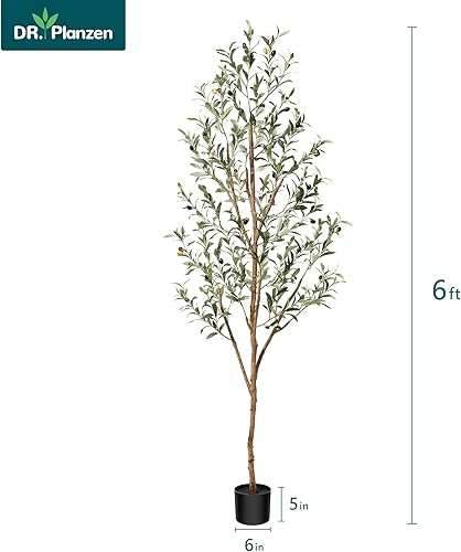 Miniatura 2 de Plantas de olivo artificiales de 6 pies con hojas realistas y tronco natural, árbol falso de seda en maceta con ramas y frutas de madera, olivo