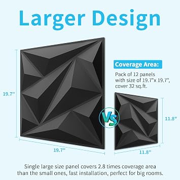 Art3dwallpanels PVC 3D Wall Panel Diamond for Interior Wall Décor in Black, 19.7 x 19.7 Wall Decor PVC Panel, 3D Textured Wall Panels, Pack of 12 Tiles