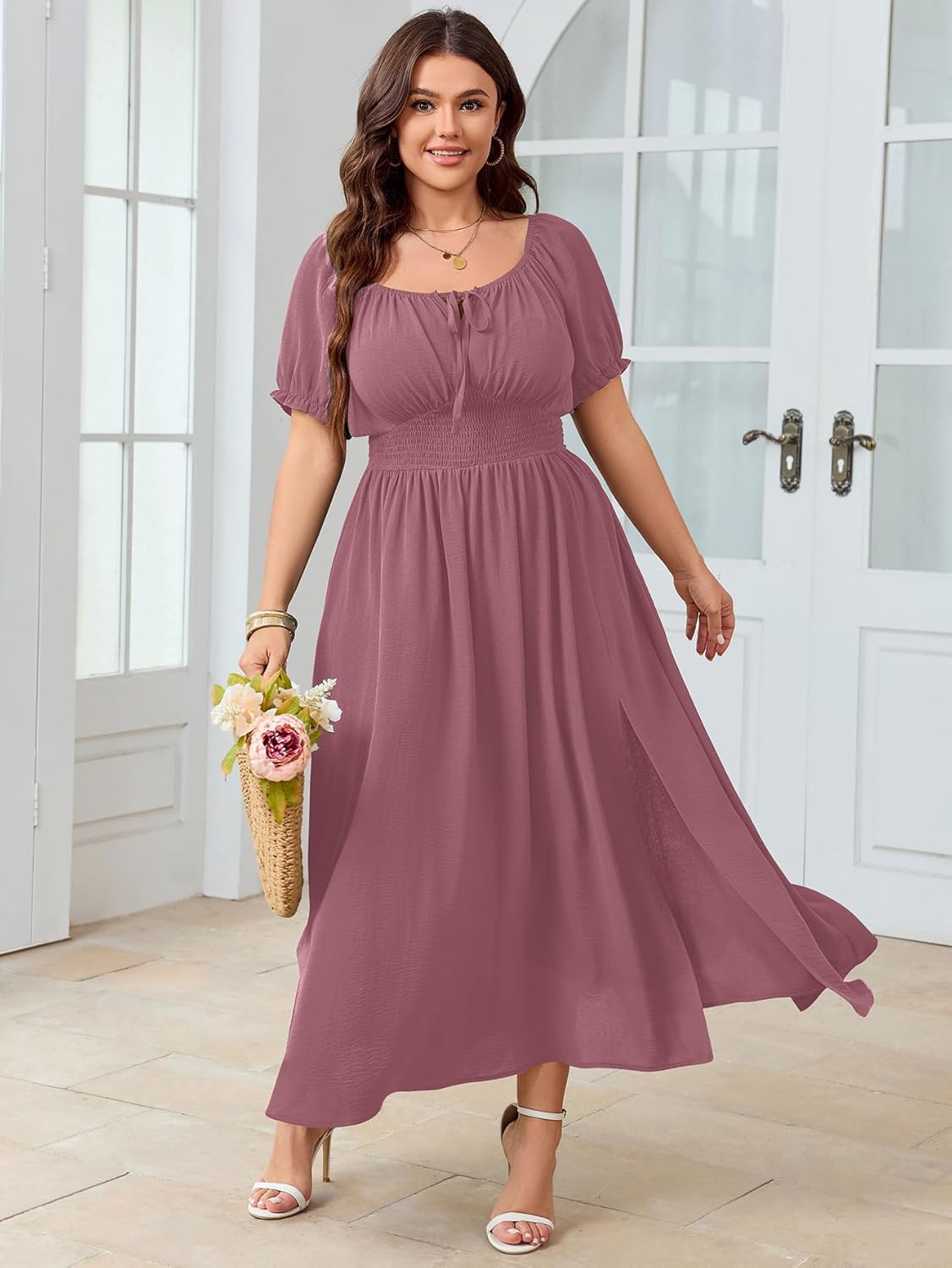 Women's Plus Size Maxi Dress Short Sleeve Smocked Square Neck Tie Front Split A-Line Flowy Long Dresses - Image 4
