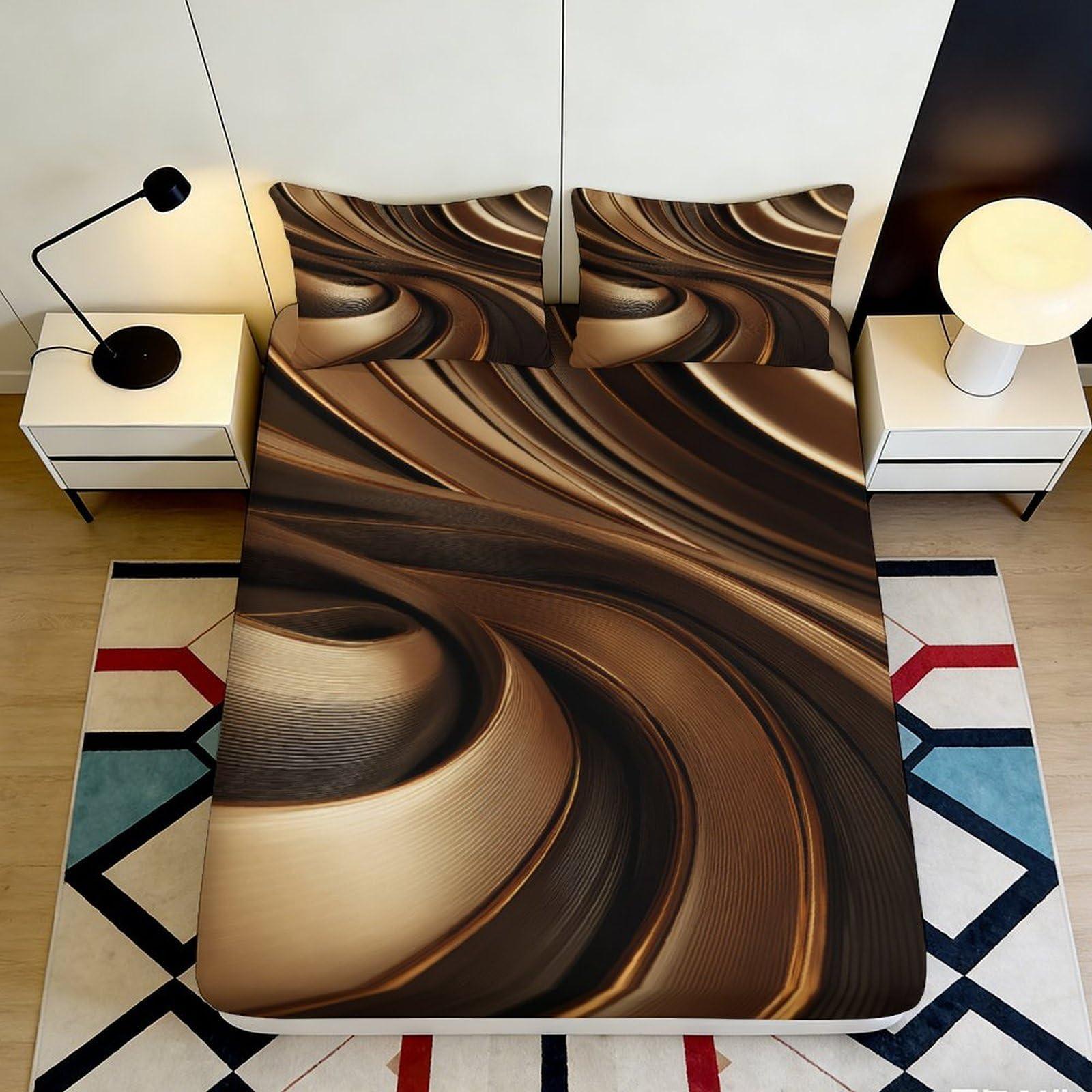 3D Printed Abstract Swirl Brown Fitted Sheet Microfiber Soft Breathable Golden Wave Mattress Cover for Bedroom Dorm Decor 200x200x25cm