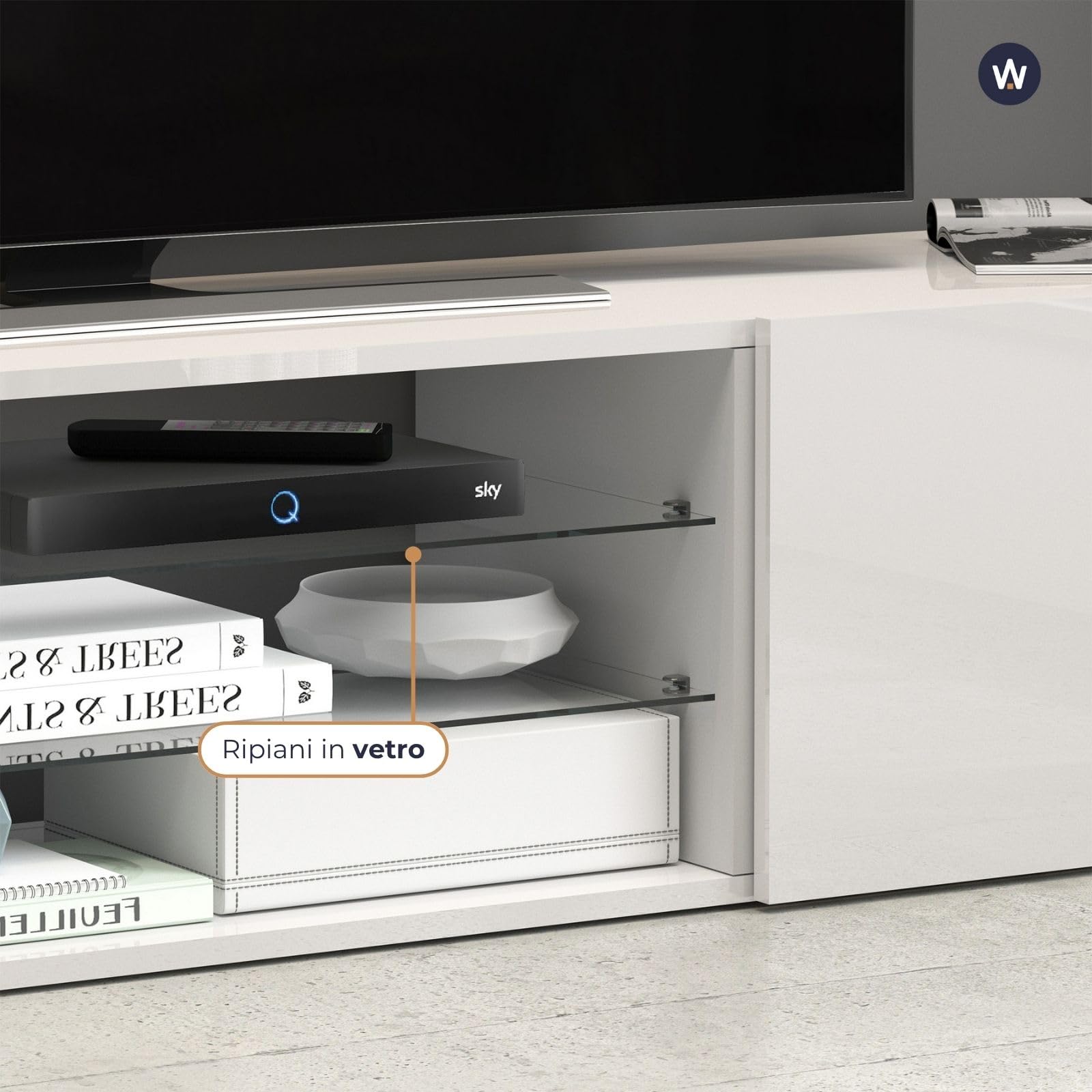 WHOUS Mobile Porta TV EGYPT per Soggiorno con 2 Ante a Ribalta e 2 Ripiani in Vetro, Mobile Tv per Salotto in Legno, 240x38x35 cm, Bianco Laccato Lucido