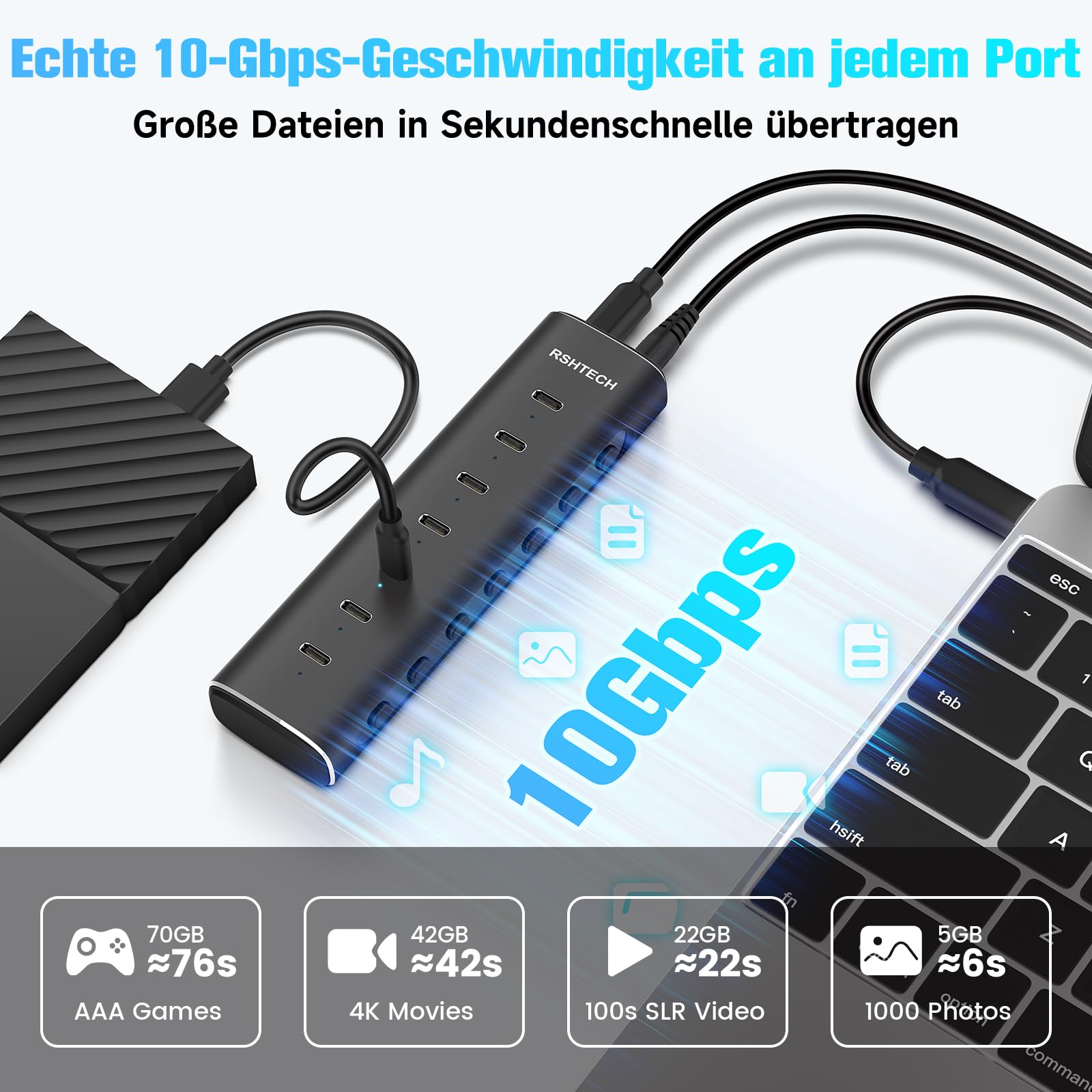 RSHTECH Hub USB C Alimentato, Hub USB 3.2 a 7 Porte in Alluminio con Alimentatore 36W 12V/3A e Cavo 1m per Notebook/PC Desktop Dotati di Porte USB-C e Thunderbolt, RSH-H7C