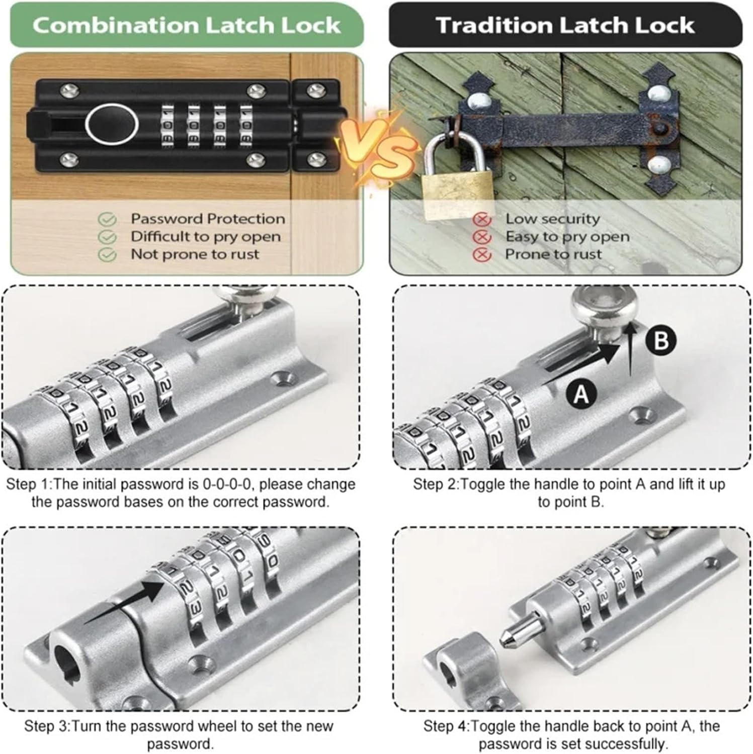 4-Digit Combination Sliding Bolt Gate Lock Household Security Password Locks Mechanical Digital Code for Sheds Doors Window Barn 1Pcs(Silver)