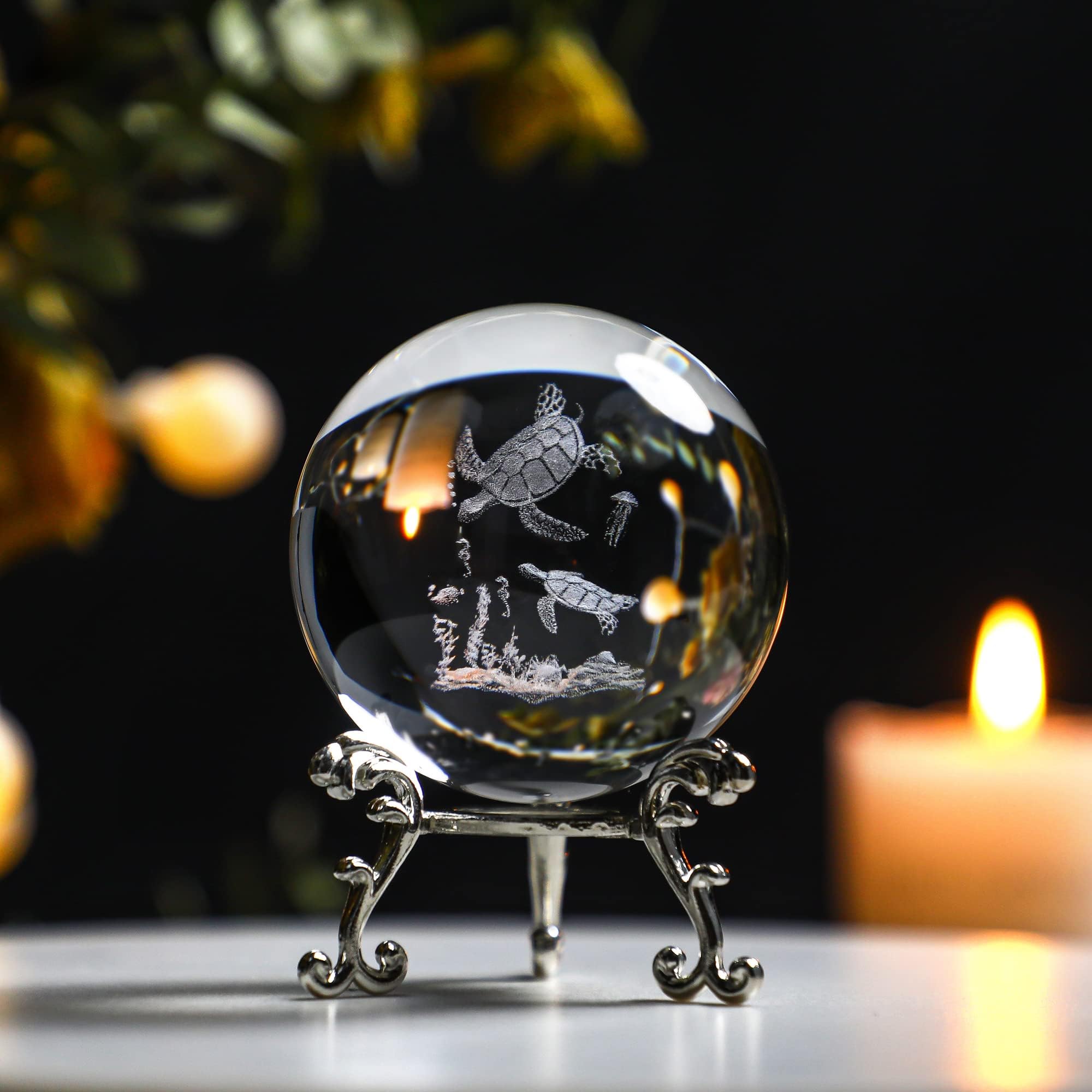HDCRYSTALGIFTS 3D Laser Engraved Sea Turtle Crystal Ball with Stand 60mm Crystal Animal Figurine Collectibles Art Glass Ocean Decorative Ball Sphere Display Sculpture Home Decor Gift for Women