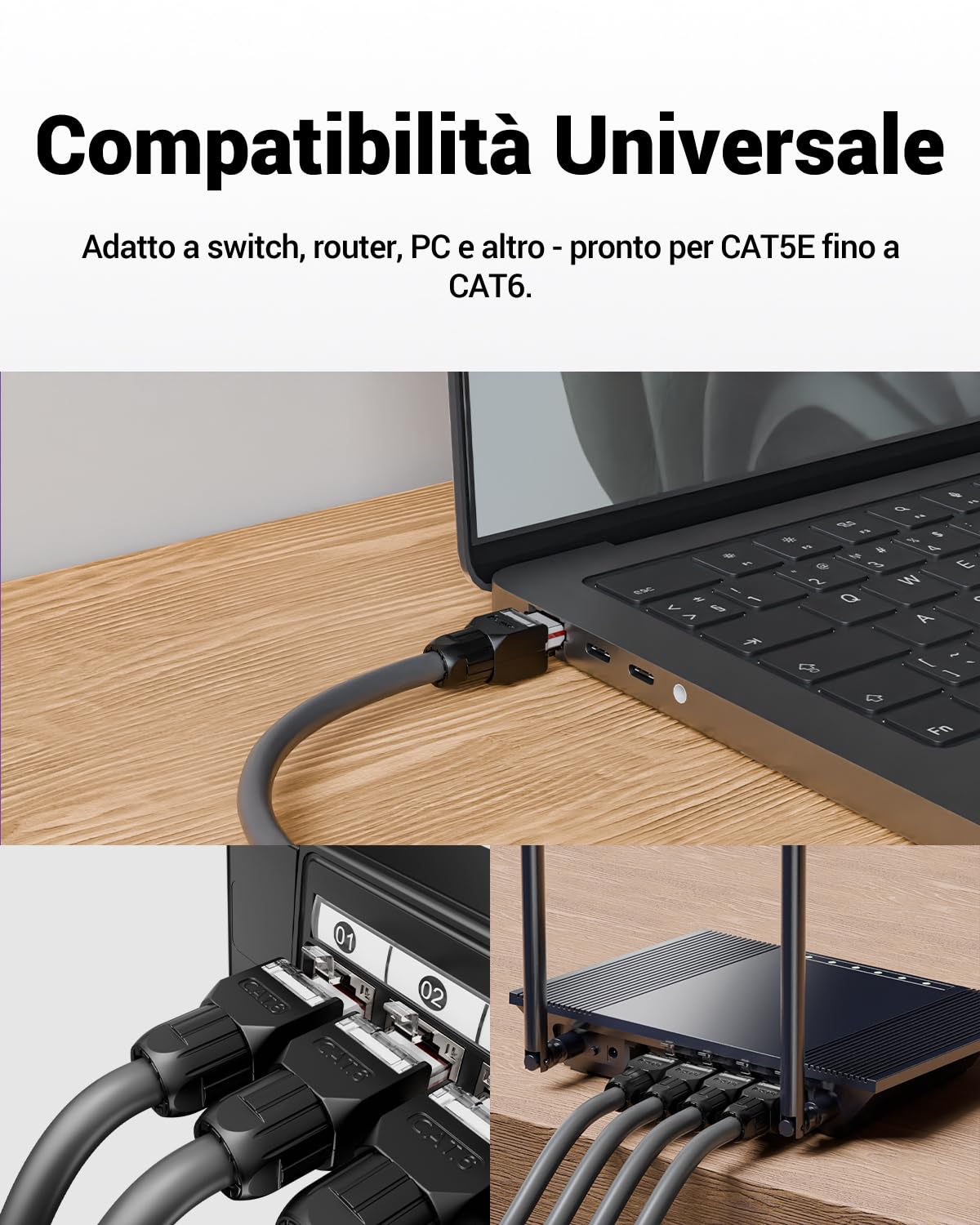 VCELINK Cat6 Connettore RJ45 Senza Attrezzi LSA, 1000 Mbps/250 MHz, Compatto Riutilizzabile, Plug RJ45 UTP Placcato in Oro per Cavo di Rete AWG 23-26, Compatibile con PoE, Nero, 2 Pezzi