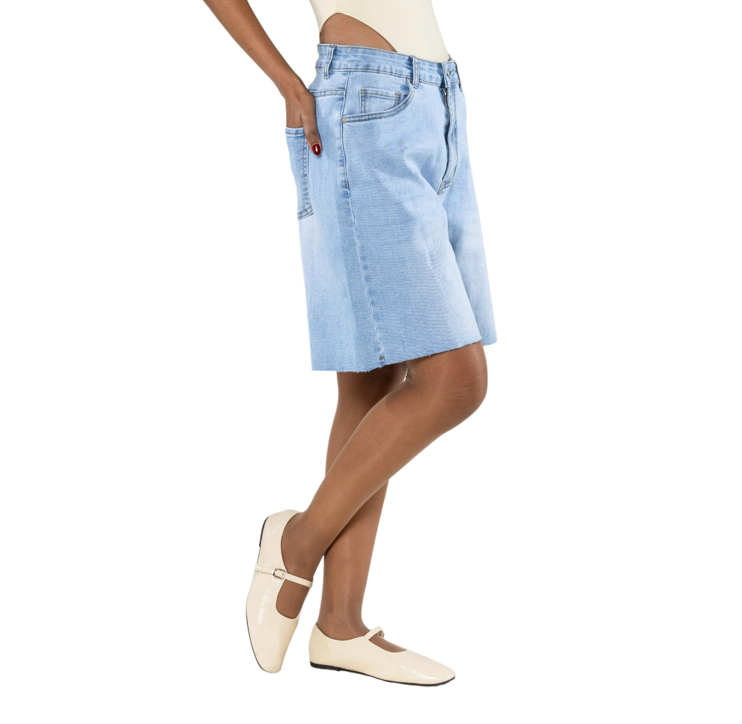 Nina Carter Pantaloncini in jeans da donna P619, lunghi bermuda in denim, taglio ampio, orlo sfilacciato, pantaloncini estivi elasticizzati, bermuda da donna