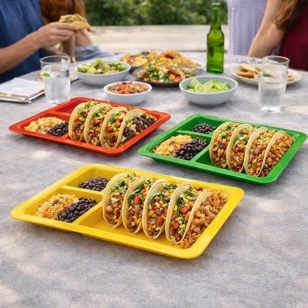 Dependable Industries inc. Essentials Set of 3 Rectangular Taco Holder Plates – BPA-Free Plastic Taco Trays with Dividers, Stackable, Microwave & Dishwasher Safe