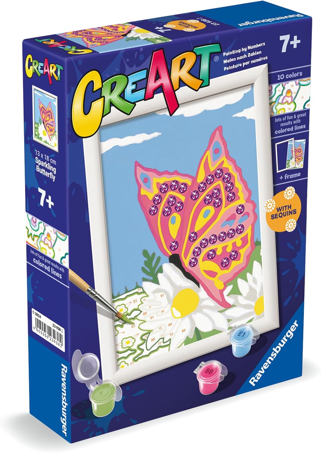 Ravensburger - CreArt E Series Classic: Shiny Butterfly, Paint by Numbers Kit, Contains Pre-Printed Board, Brush, Colors & Accessories, Creative Game for Kids 7