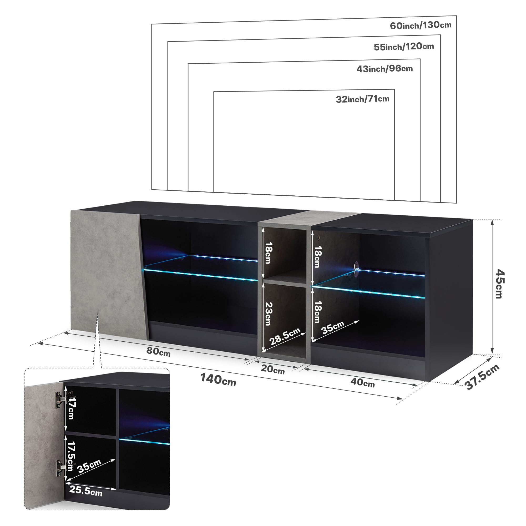 Mondeer Meuble TV, Support Télé LED avec 5 Compartiments et 1 Porte, pour TV de 55 Pouces, pour Salon Chambre à Coucher, W140 x H45 x D37,5 cm, Noir et Gris