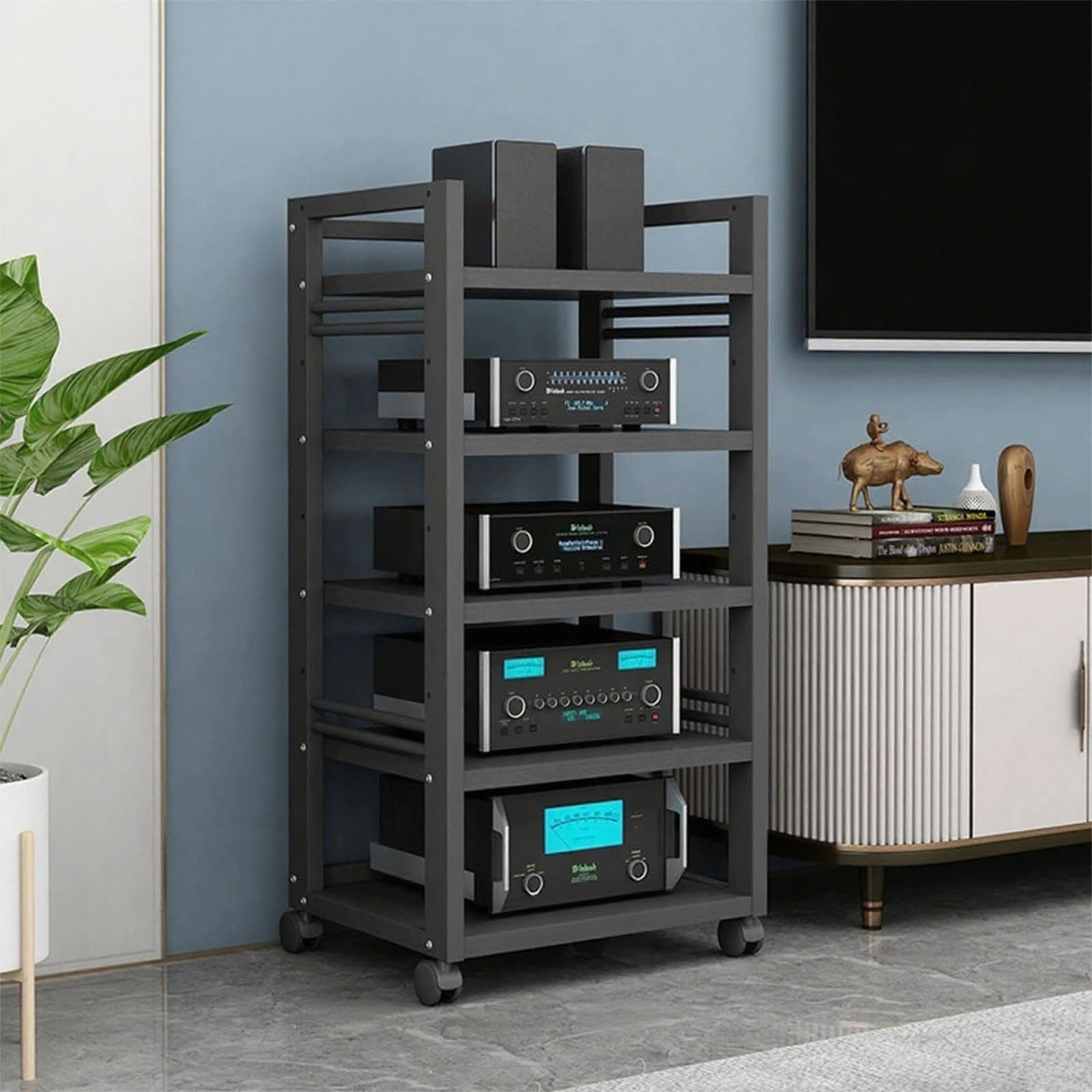 Scaffale minimalista Hi-Fi su ruote, ripiani regolabili a 3/4/5 ripiani, robusto ripiano multi-storage per soggiorno e ufficio, ideale per giradischi e stampanti