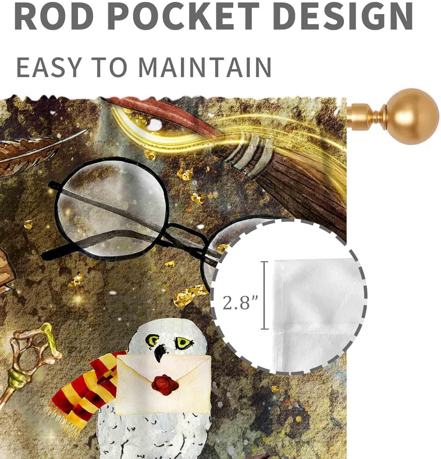 Witch Magical Curtains, Kids Boys Girls Magic Witchy Mysterious Gothic Spooky Horror Book Hat Owl Gold Blackout Window Drapery Treatments for Bedroom Living Room Kitchen Bathroom, 63"x72" Inch