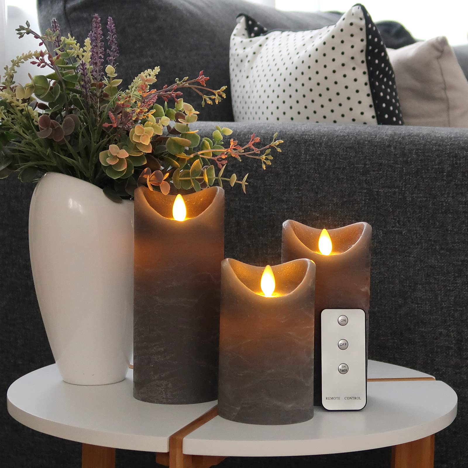 Tronje 3er Set LED Kerze mit Timer u. Fernbedienung - 13/15/18cm Echtwachskerze Grau Rustik mit beweglicher Flamme