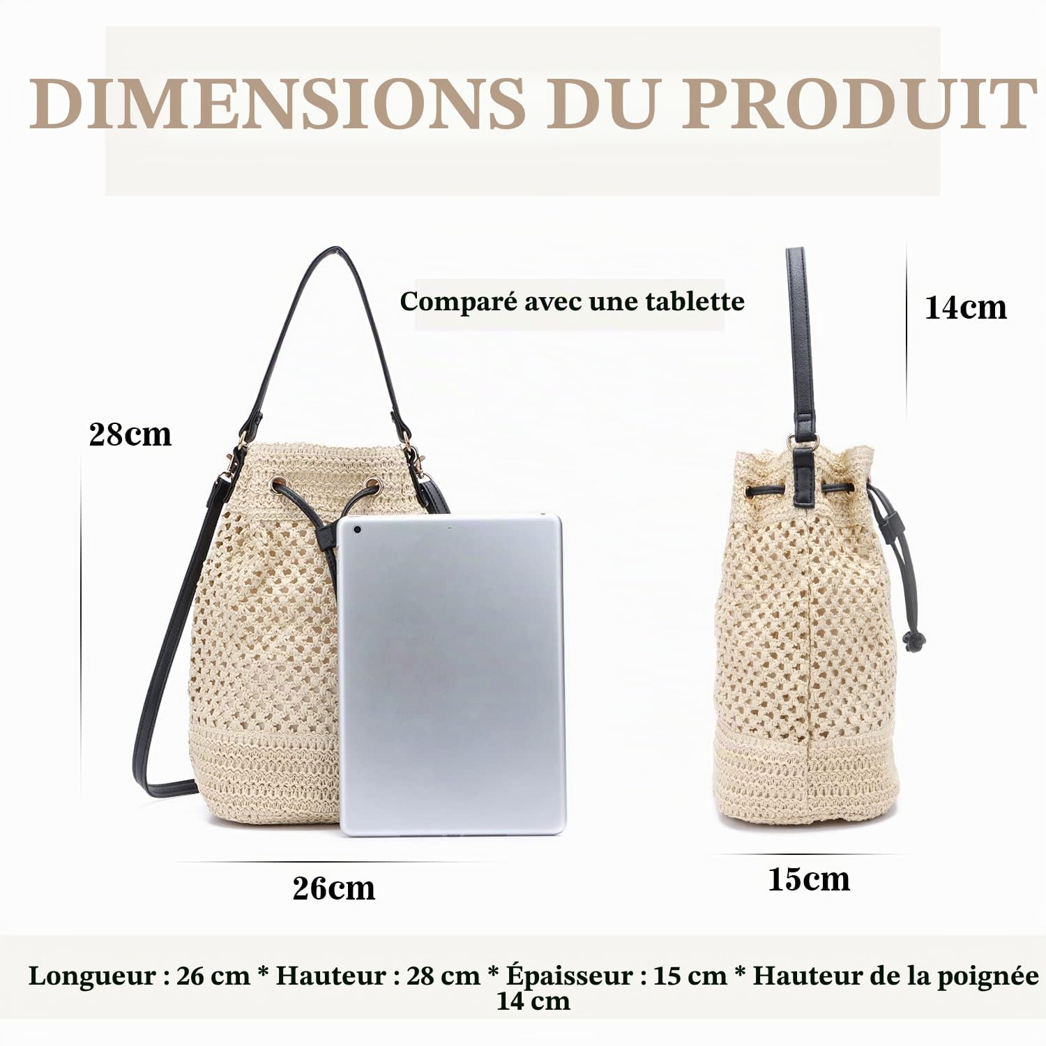 EVEOUT Sacs bandoulière Rétro Tissés Paille Femme Été Style bohème Grand Cabas Sacs portés épaule paille plage