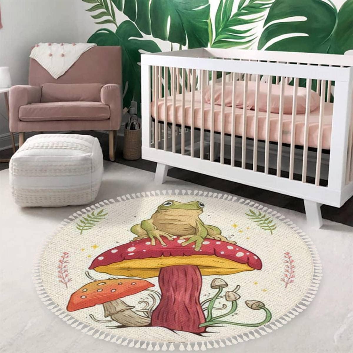 Round Boho Area Rug Cottagecore Aesthetic Goblincore Frog