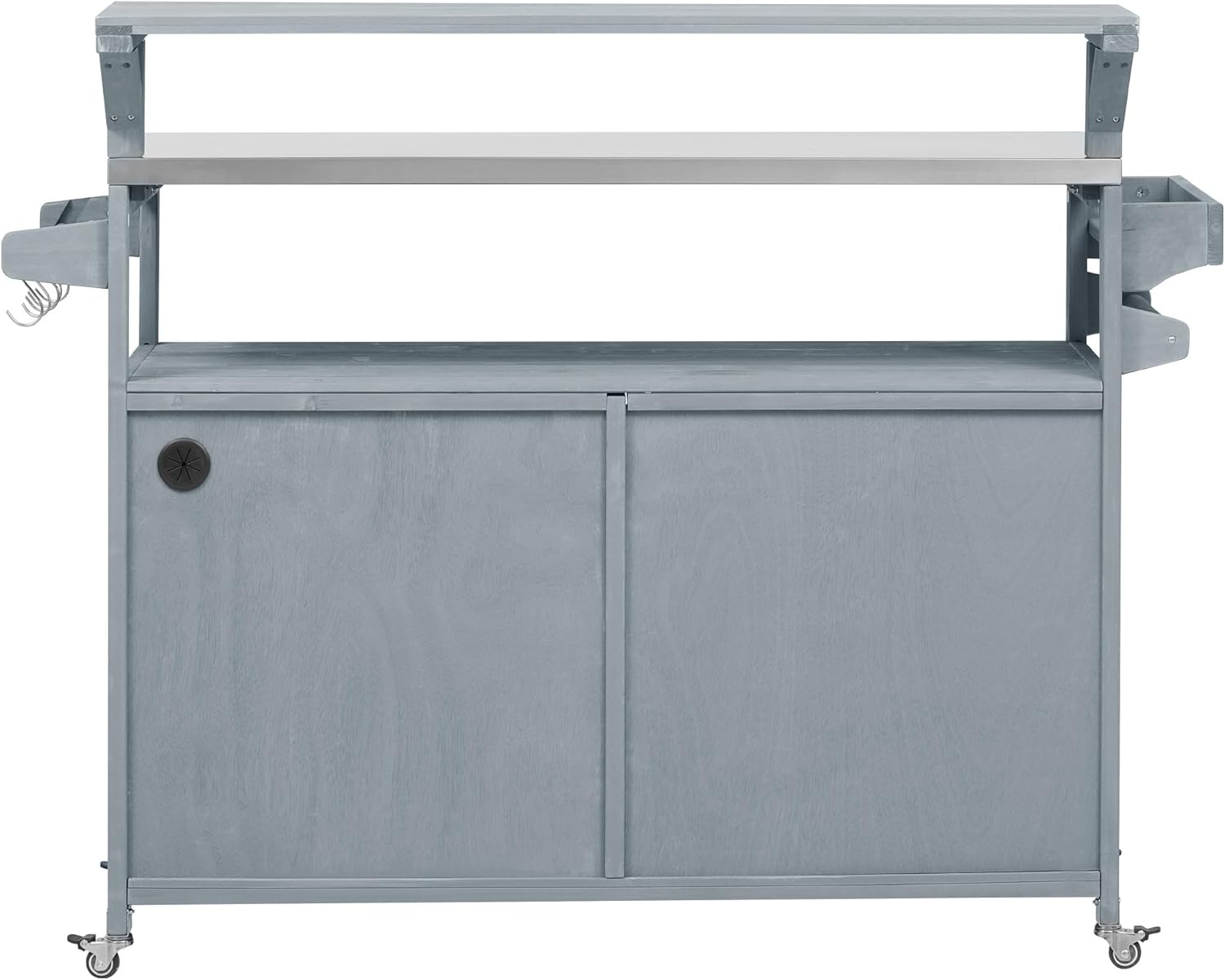 Outdoor BBQ Grill Carts Kitchen Island with Raised Shelf, Solid Wood Storage Cabinet with Stainless Steel Top, Home Rolling Cart Food Prep Table with Storage Rack, Spice Rack(Grey Blue)
