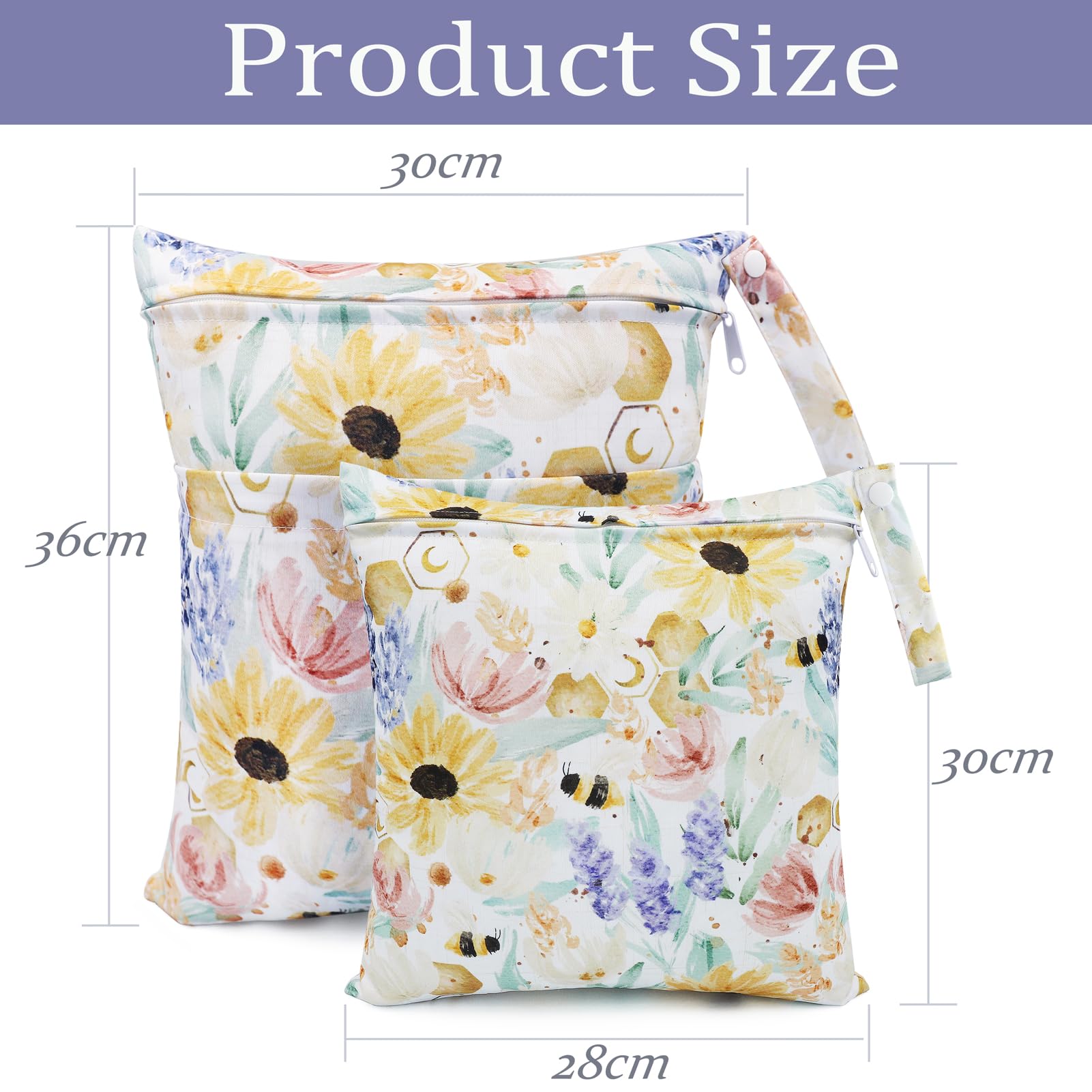 Wet Bag, 2 PCS Wet Dry Bags for Cloth Diapers Nappy Daycare Organiser Storage Bags, Waterproof Washable Reusable Zipper Bag (Colourful) — view 7