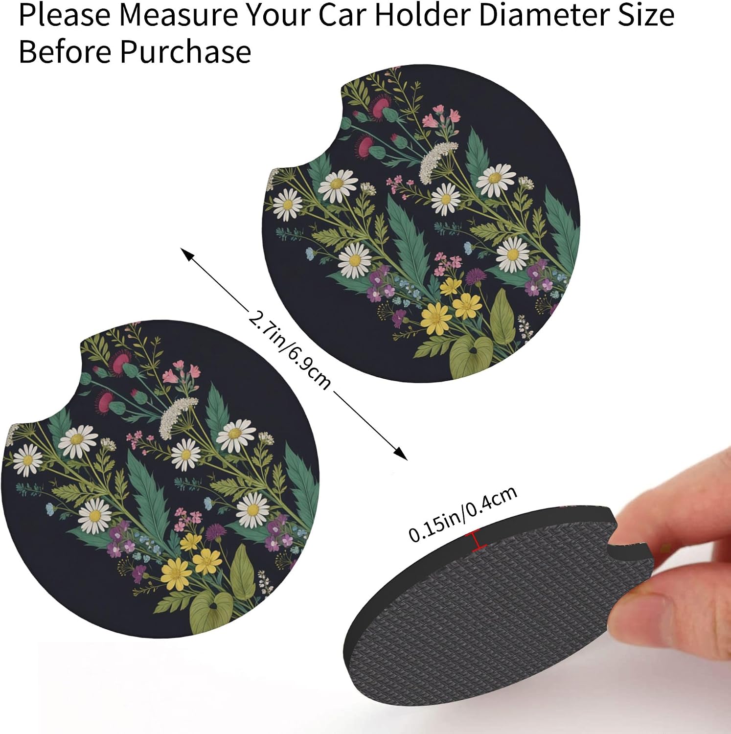 Wildflower Car Steering Wheel Cover Flowers Wildflower Steering Wheel Cover for Women Cute Anti-Slip Universal Breathable 14-15-in 2 Car Cup Coasters for Women