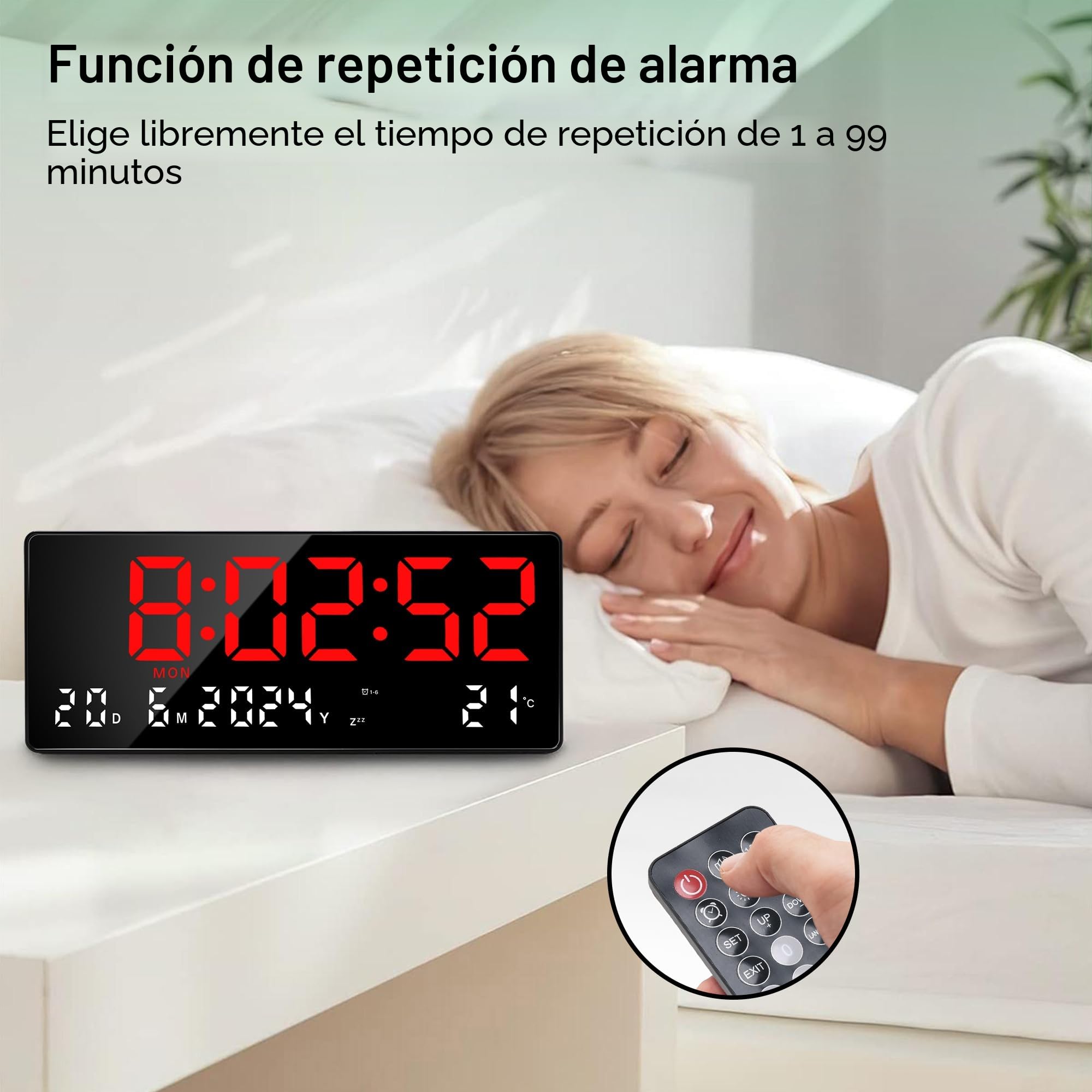 Lafocuse 15.5" Reloj de Pared Digital con LED Pantalla Grande, Silencioso Reloj Digital Sobremesa con Temperatura, Fecha, 2 Alarma, 12/24 Horas, Brillo Ajustable, para Salon Cocina Oficina, Rojo