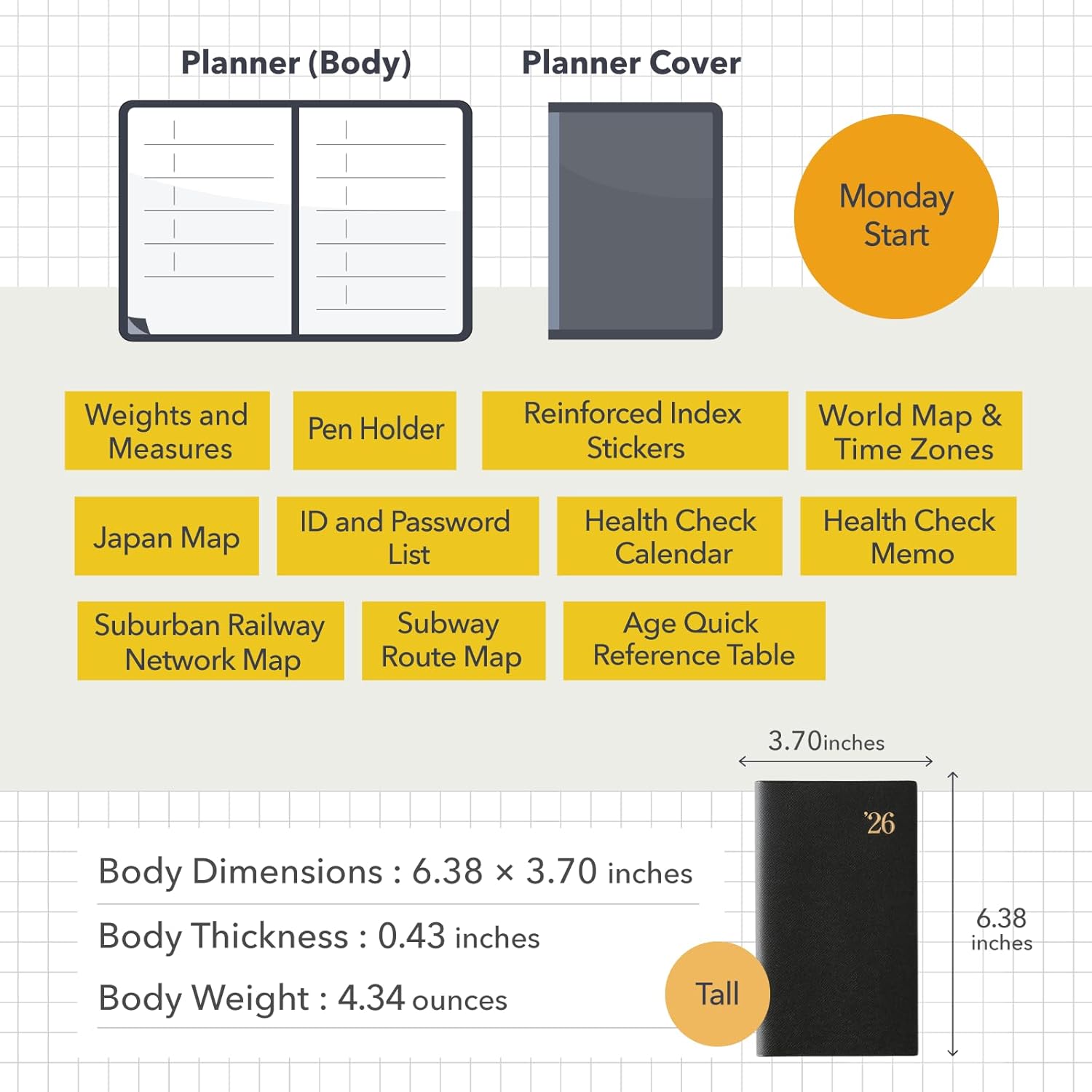 NOLTY Wide 1 Weekly Planner 2026, April Start, Japanese Edition, Black, 2026-9100